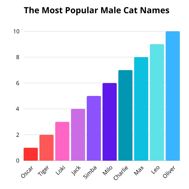 Chart of the most popular male cat names. First up: Oliver. In the second: Leo. In the third: Max. Fourth: Charlie. In the fifth: Milo. Sixth: Simba. In the seventh: Jack. In the eighth: Loki. In the ninth: Tiger. Tenth: Oscar.